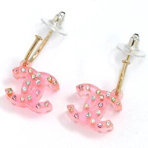 CHANEL CC Logos Rhinestone Pink Lucite Dangle Earrings Gold Tone 94A Auth w/Box